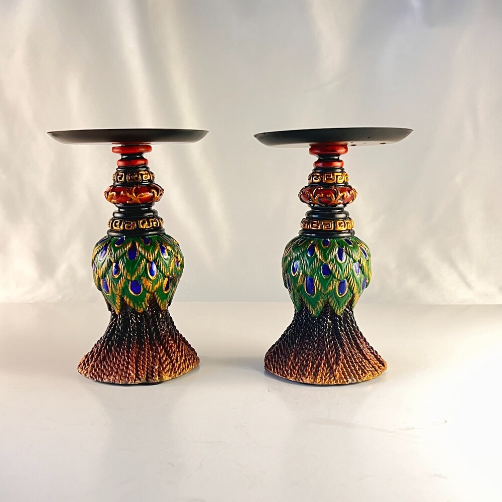 Pair of Vintage Peacock Feather Candle Holders Painted Resin Pillar Stand Decor